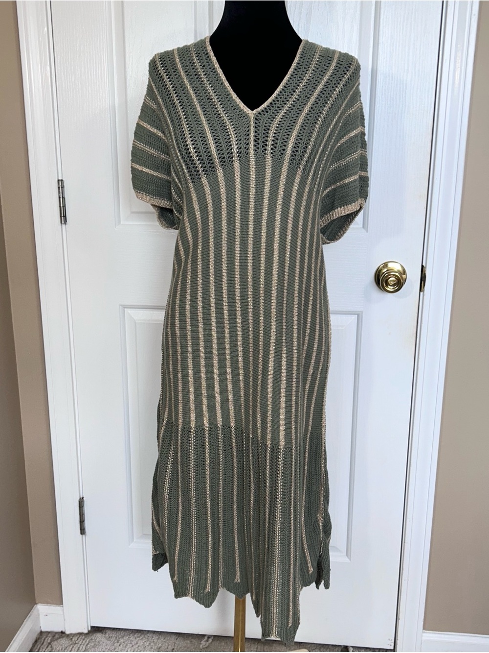 Floris Made In Italy Metallic Knit Dress Green Gold Crochet Resort S/M
